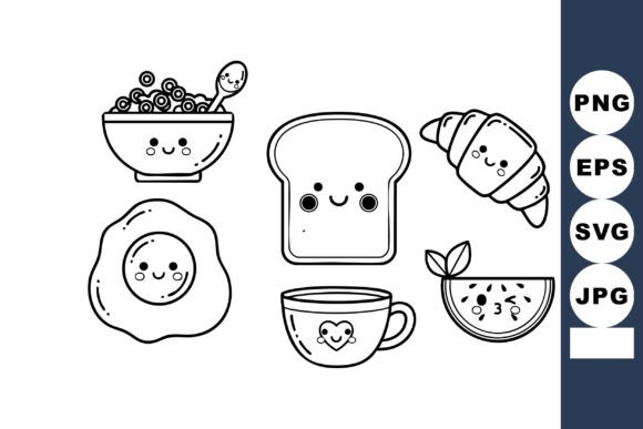 Cute Breakfast Food Icons with Happy Faces